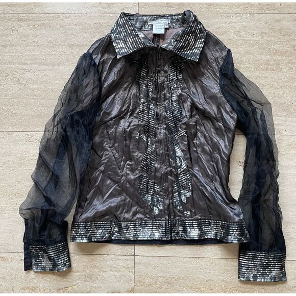 Alberto Makali Sheer Black Evening‎ Blouse with Metallic Trim Elegant Party Top - Picture 1 of 6